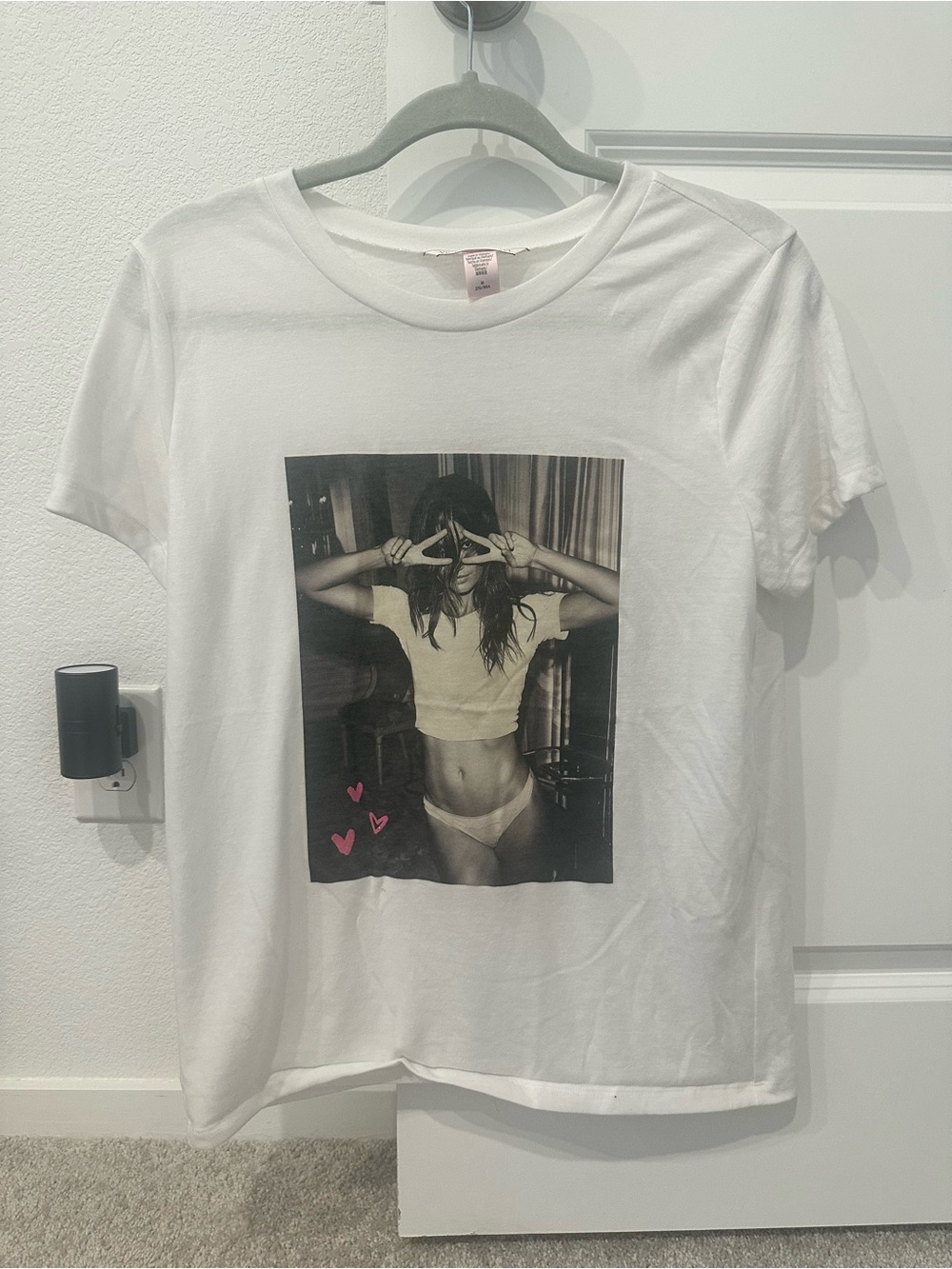 Victoria's Secret White Short-Sleeve Tee with Model Photo Print and Pink Accents